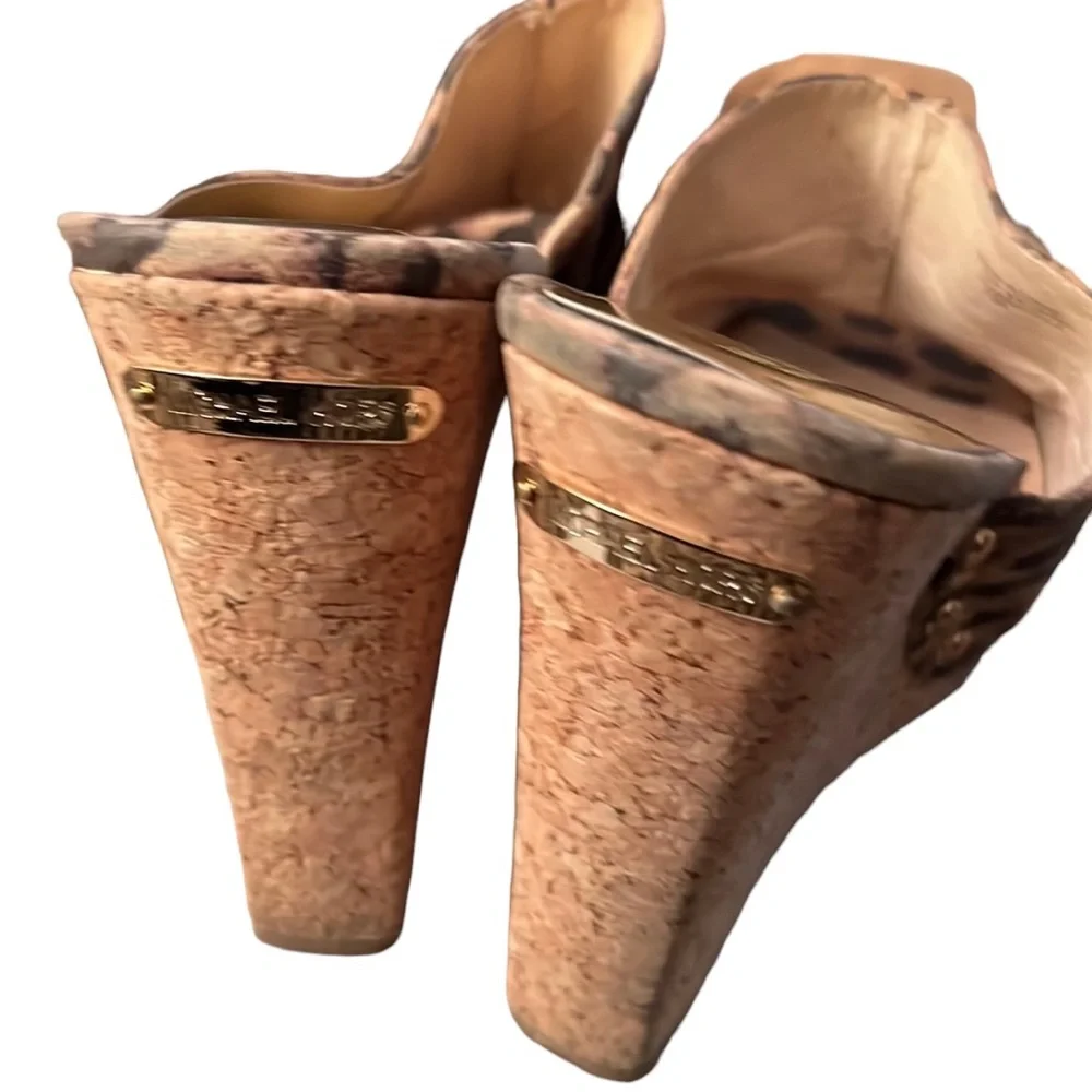 Micheal Kors size 10 leopard print platform wedge cork heel genuine leather
